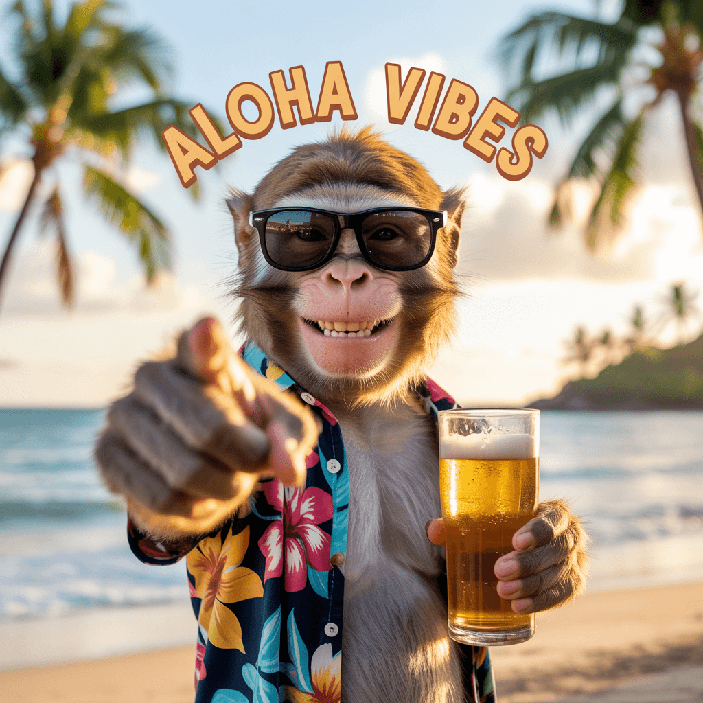 AI generated: A smiley monkey with dark glasses and a beer in hand pointing towards the camera


