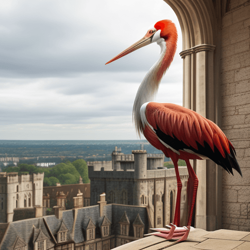 AI generated: a red stork is sitting on a chair at the roof of windsor castle