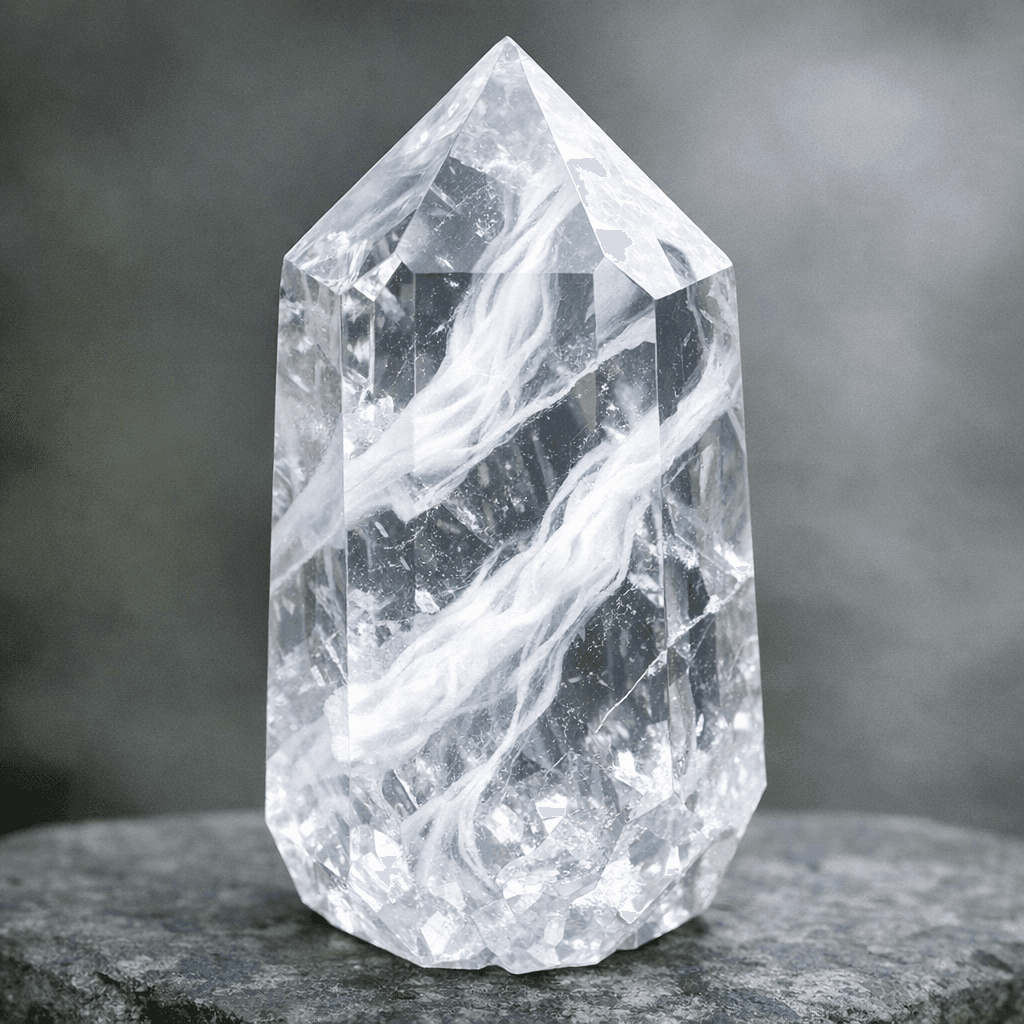 AI generated: A clear Crystal with milky white veins flowing throw it 
