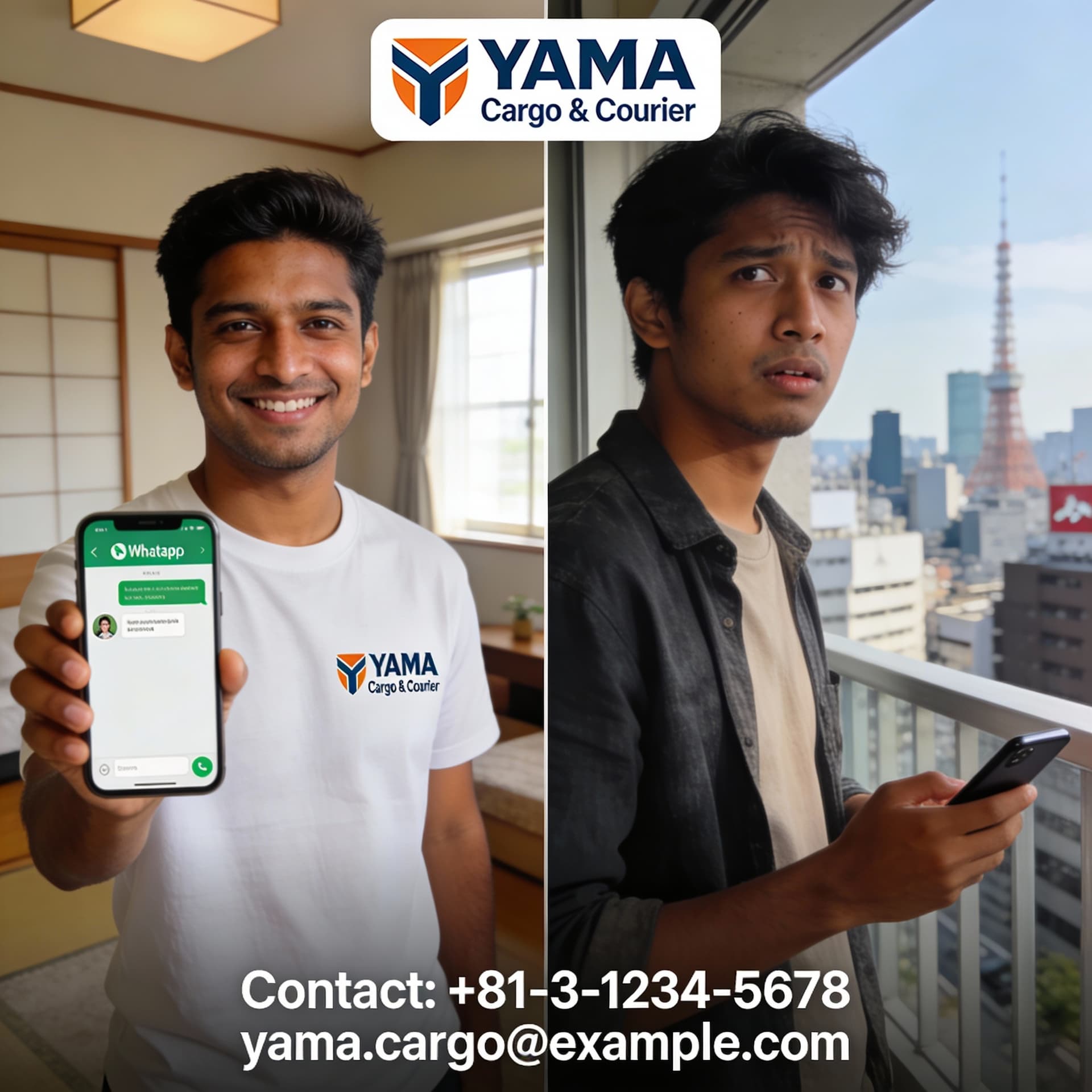 AI generated: Two young Nepali men in Japan talking on a phone call.
First man is inside a modern Japanese apartme...