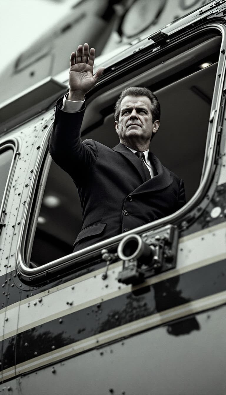 AI generated: A hyper-realistic, ultra-detailed President Richard Nixon waving leaving the White House for the las...