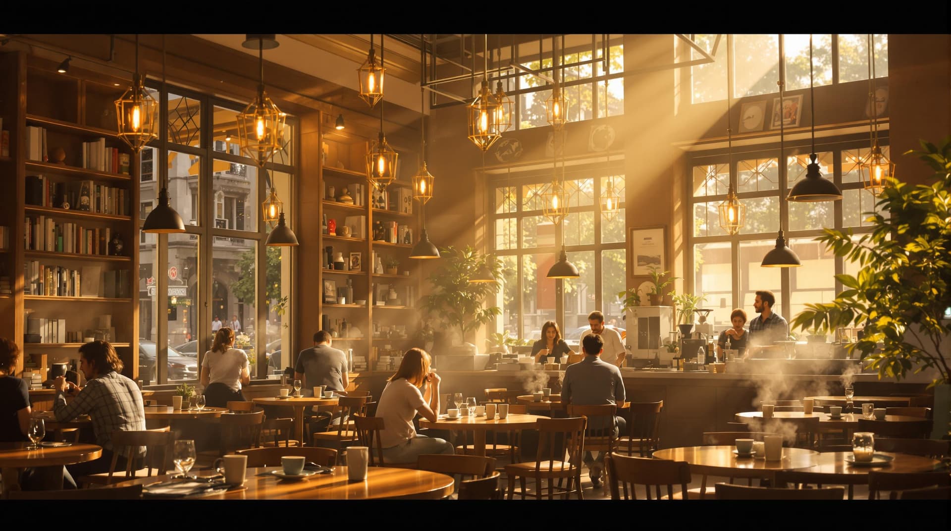 AI generated: (Cinematic UHD, wide shot of a cozy café interior with a warm golden glow, large windows letting in ...