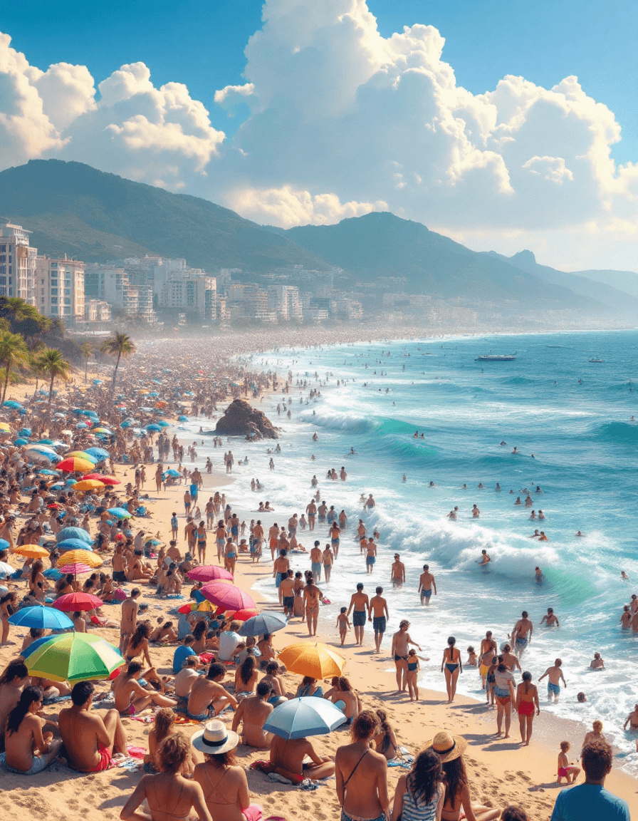 AI generated: Crowded beach, summer, hyper-realistic, vivid colors, UHD