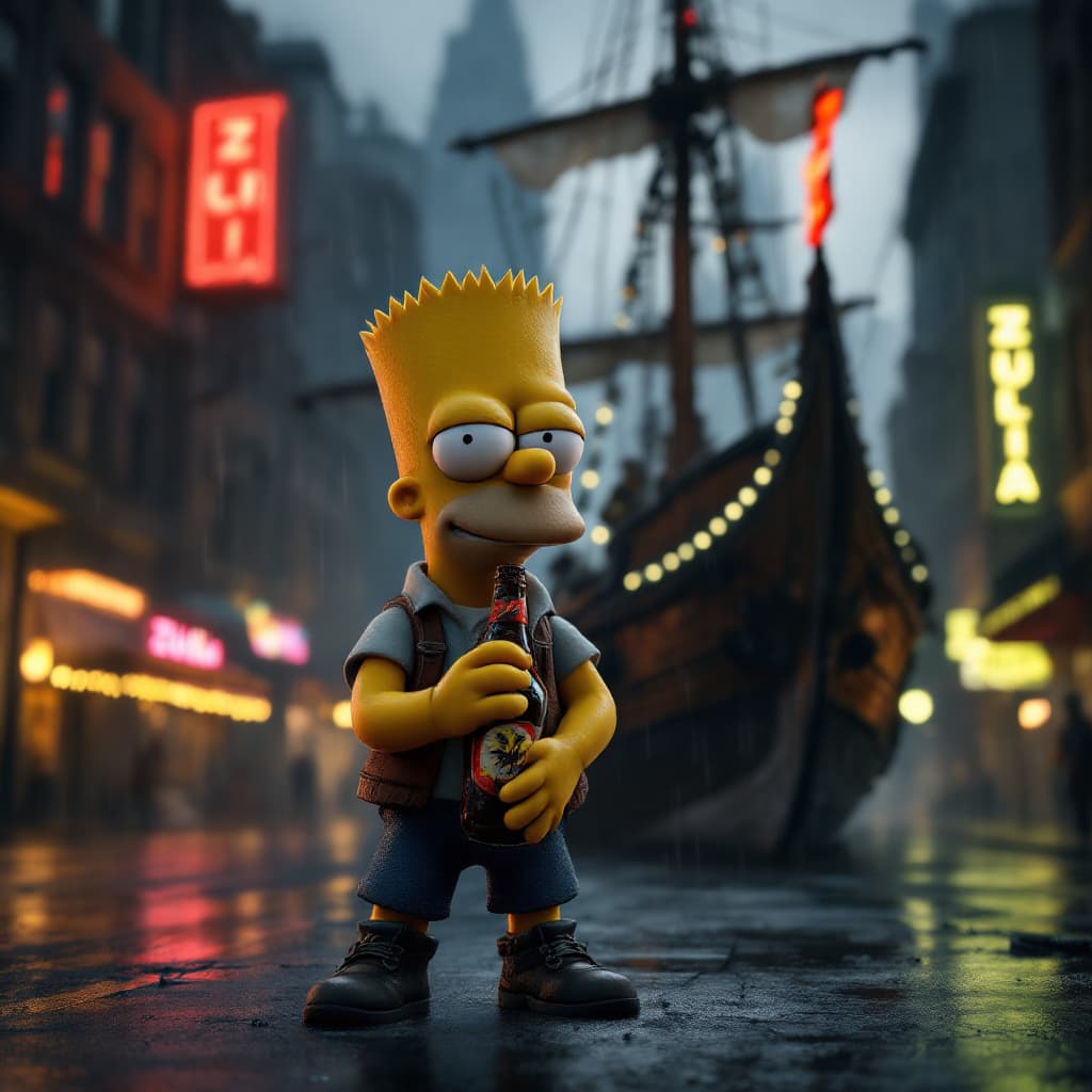 AI generated: 3D cartoon of Bart Simpson posing in a dark and rainy dystopian city in the rain, drinking a Zulia b...