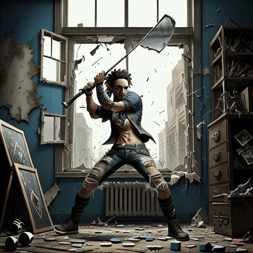 AI generated: A rebel in tattered clothes smashing a window with a club in magic the gathering art style