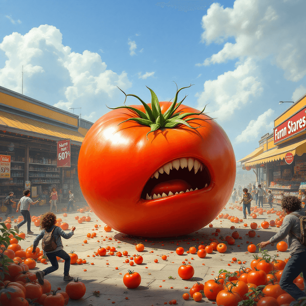 AI generated: a giant tomato on the ground chasing after people store ,  the customers are running away from it 
 ...
