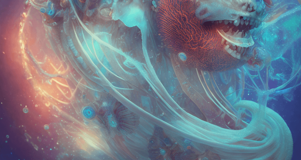 AI generated: Goddess close-up portrait ribcagel. jellyfish phoenix head, nautilus, orchid, skull, betta fish, bio...
