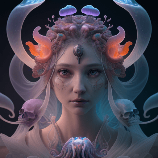 AI generated: Goddess close-up portrait ribcagel. jellyfish phoenix head, nautilus, orchid, skull, betta fish, bio...