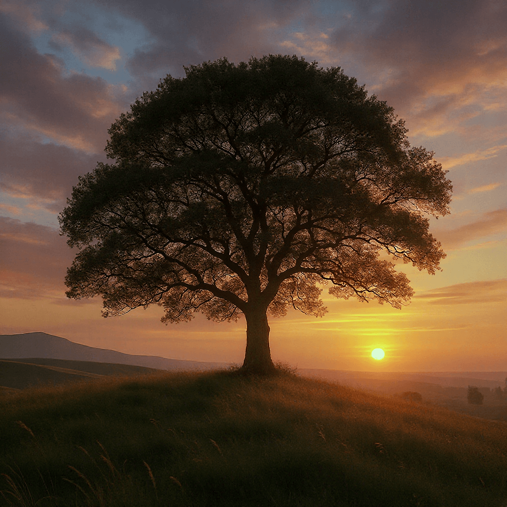 AI generated: Tree on a hill sunset 
