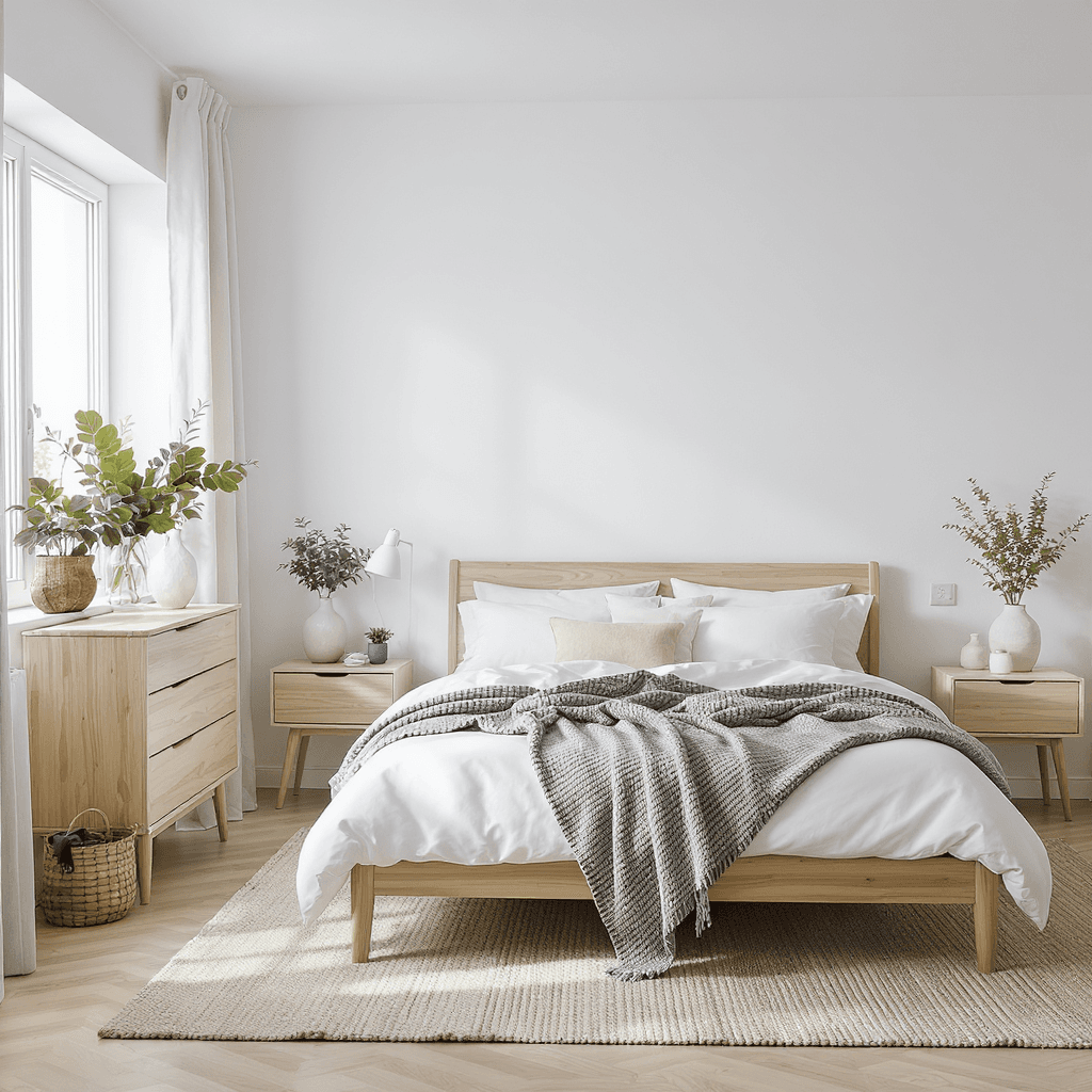 AI generated: A serene Scandinavian-style bedroom featuring Scandinavian patterns, minimalist furniture in light w...
