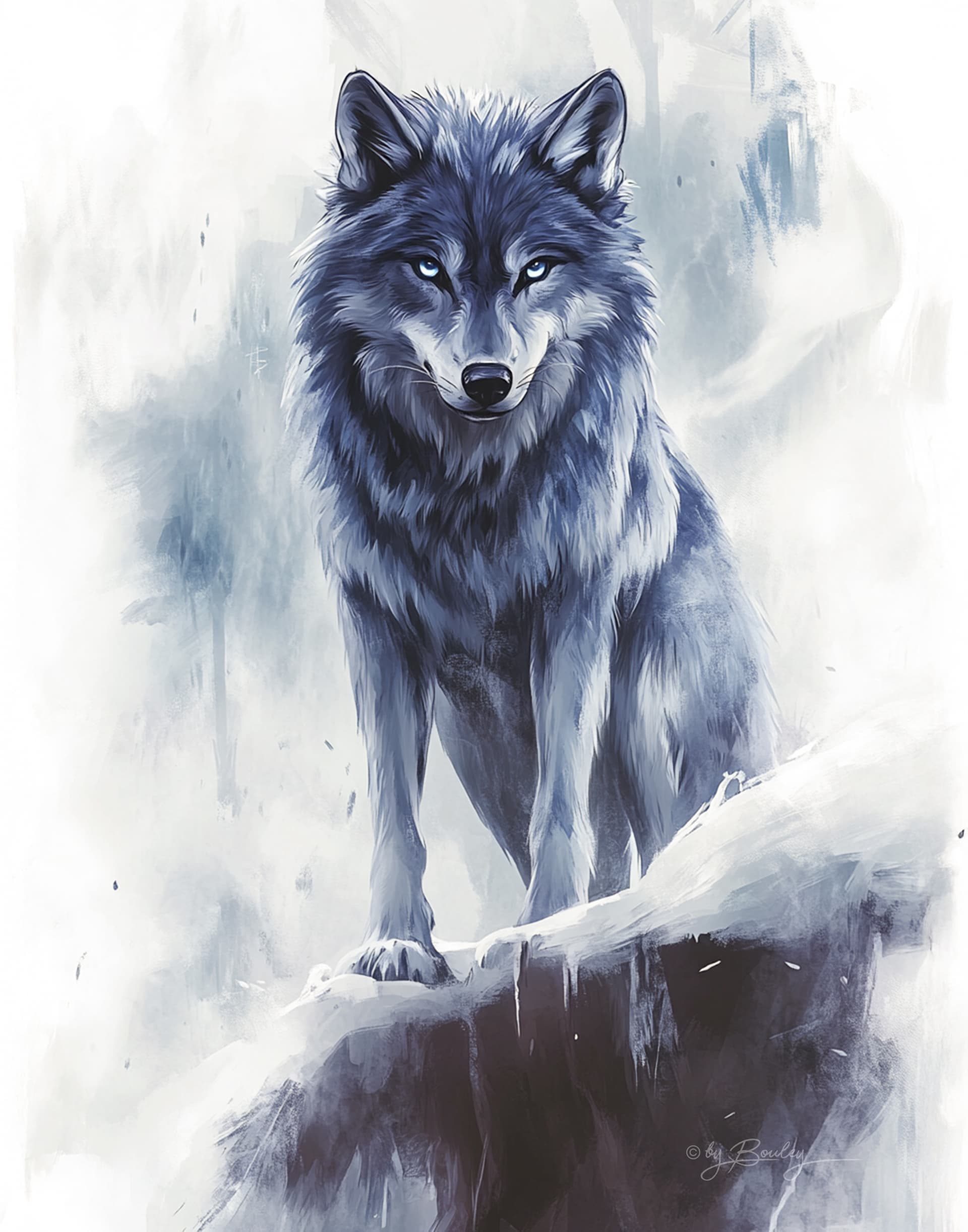 AI generated: Fine Art of a wolf standing on a snowy cliff, looking directly at the camera with piercing blue eyes...