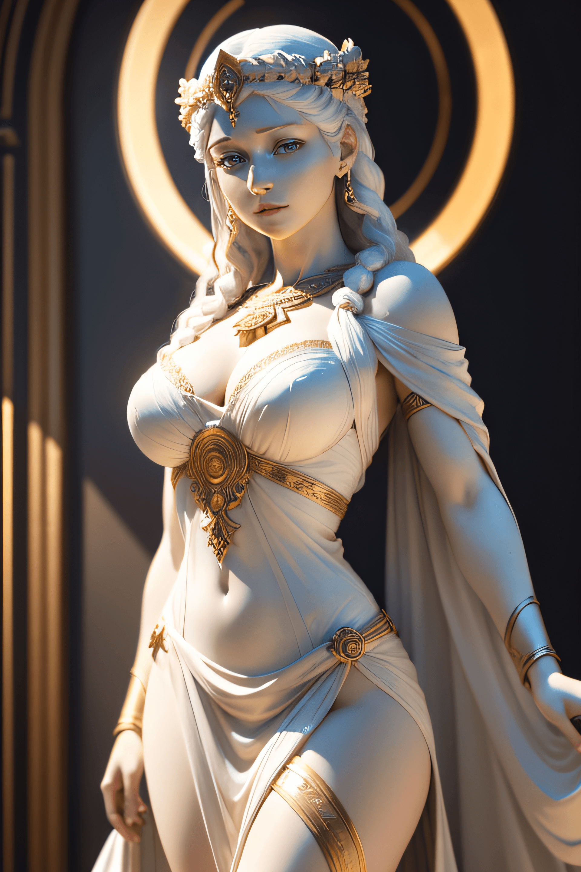AI generated: marble statue of an ancient greek godness, made by marble, cinematic lighting, white dress, gold det...