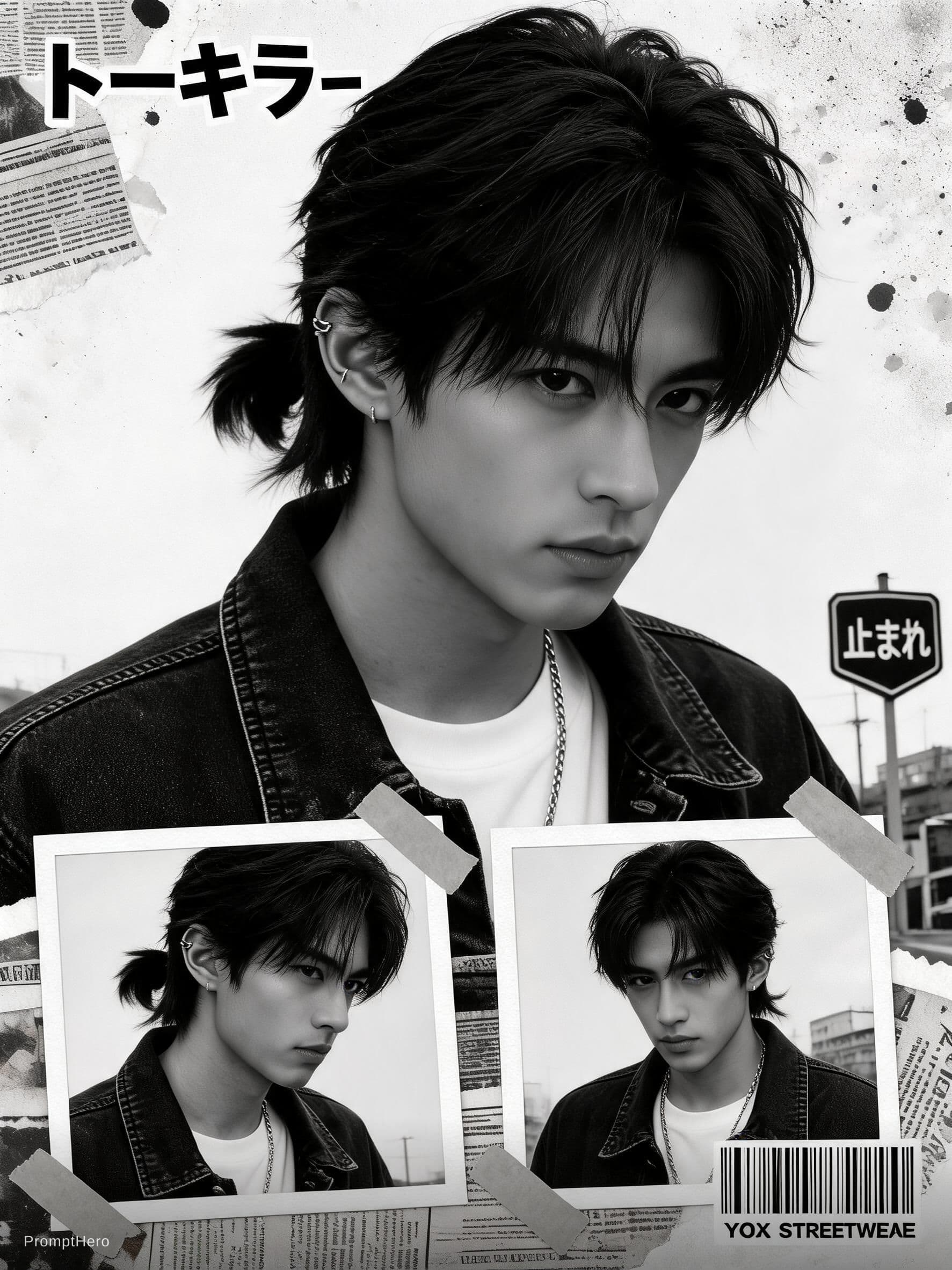 AI generated: Buat poster kolase editorial streetwear Jepang bergaya Y2K yang bold dengan estetika majalah fashion...