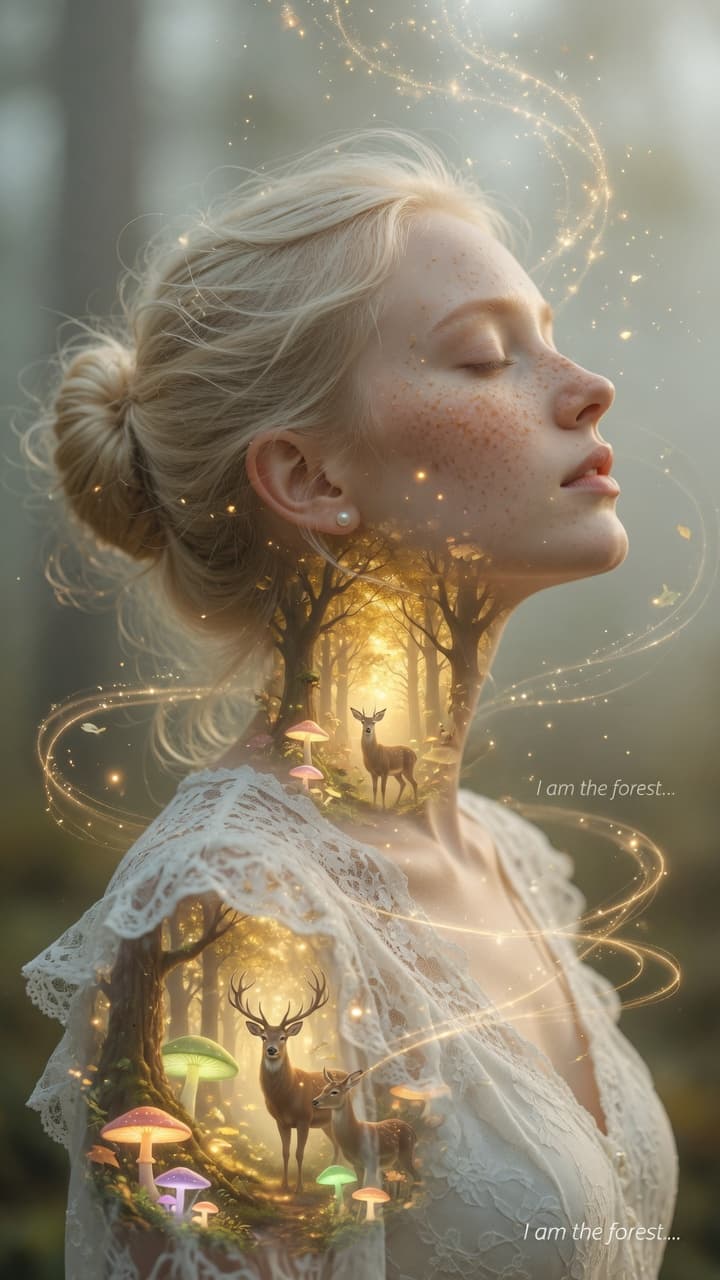 AI generated: A serene close-up profile portrait of a beautiful young woman with pale freckled skin, platinum-blon...