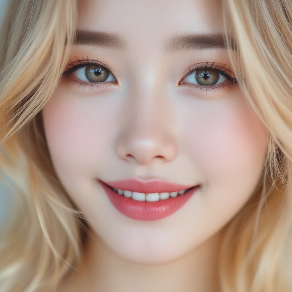 AI generated: extremely close up portrait, 18 years old Korean girl, the Hime cut blonde hair, pink lips, smiling ...