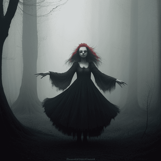 AI generated: Ethereal witch in a misty forest. She has red wild hair and is dancing around a fire. Jakub Rozalski...