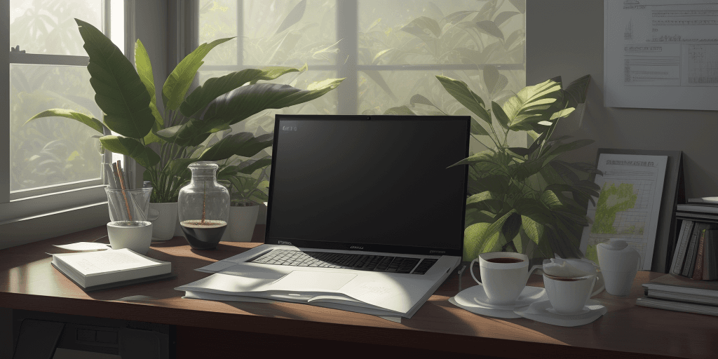 AI generated: front shot, canon EOS 5d, photorealistic, office:: desk + closed labtop:: silver mackbook + pencil +...