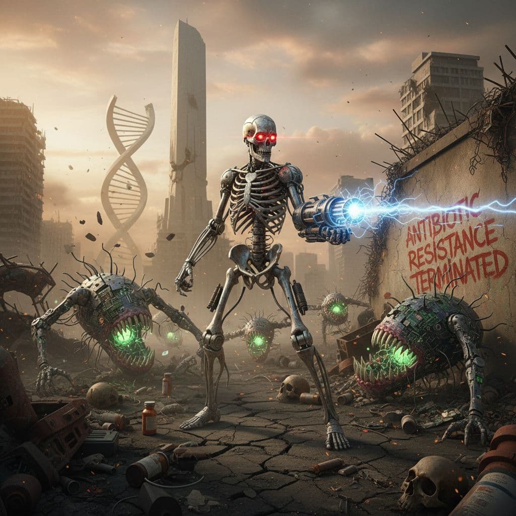 AI generated: Alexander Fleming, Terminator-style, fighting antimicrobial resistance, with a post-apocalyptic worl...