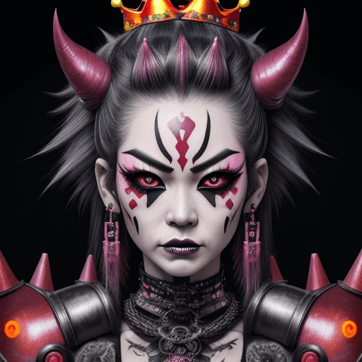 AI generated: photo of a Japan Queen, like a devil neon punk Devil, tattoo in arm, random hair models, highly deta...