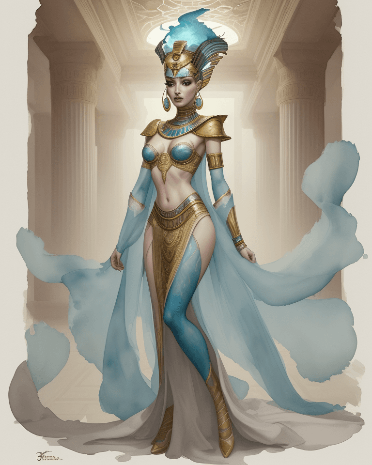 AI generated: Watercolor painting on parchment + a woman wearing an expensive costume, in the style of elemental f...
