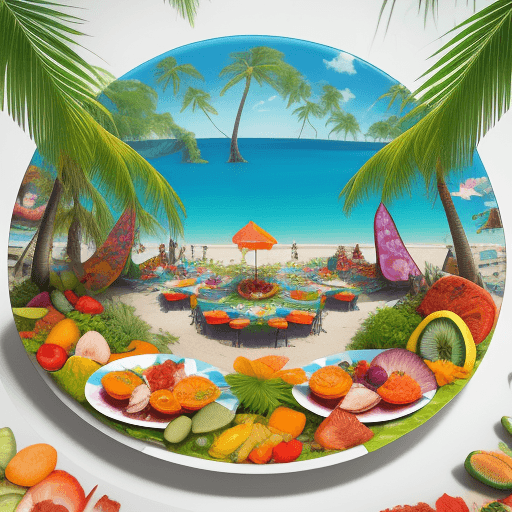 AI generated: Create a vibrant and surreal image where the scene takes place on a paradise beach full of vegetatio...