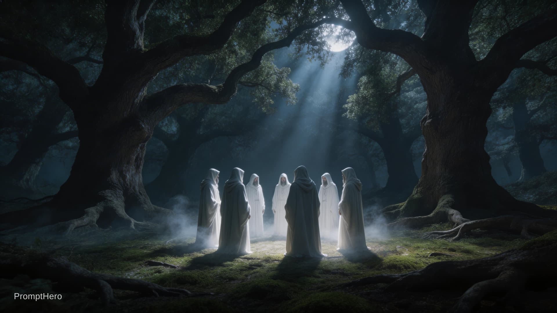 AI generated: Cinematic shot of a group of druids in white robes standing in a circle inside a dark, ancient oak g...