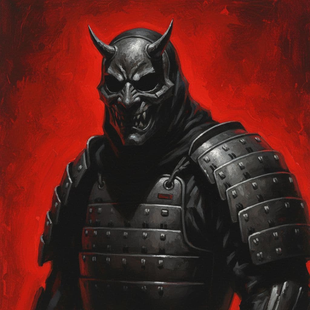 AI generated: A dark, imposing figure, partially shrouded in shadow, stands against a vibrant red background. The ...