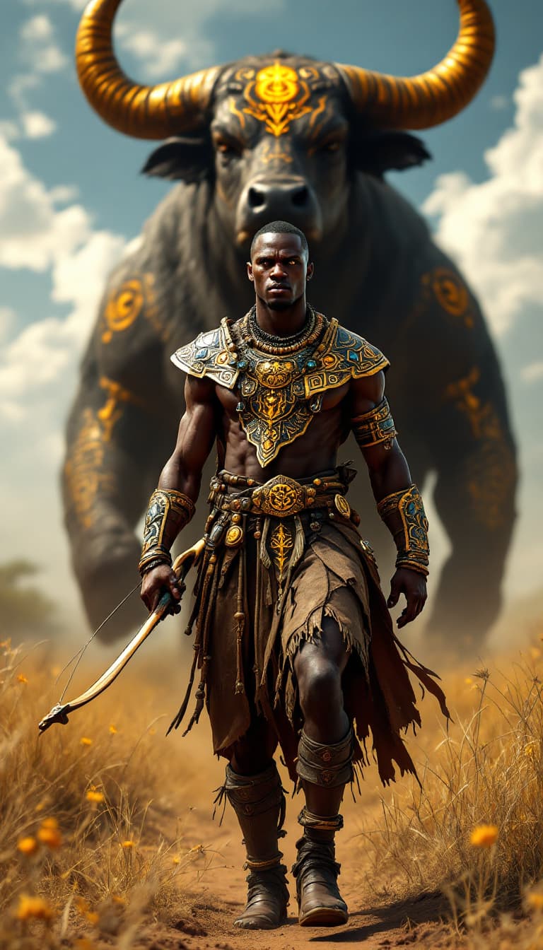 AI generated: An ultra-realistic, wide angle, front facing, full-body portrait of a skilled African Beastmaster, d...