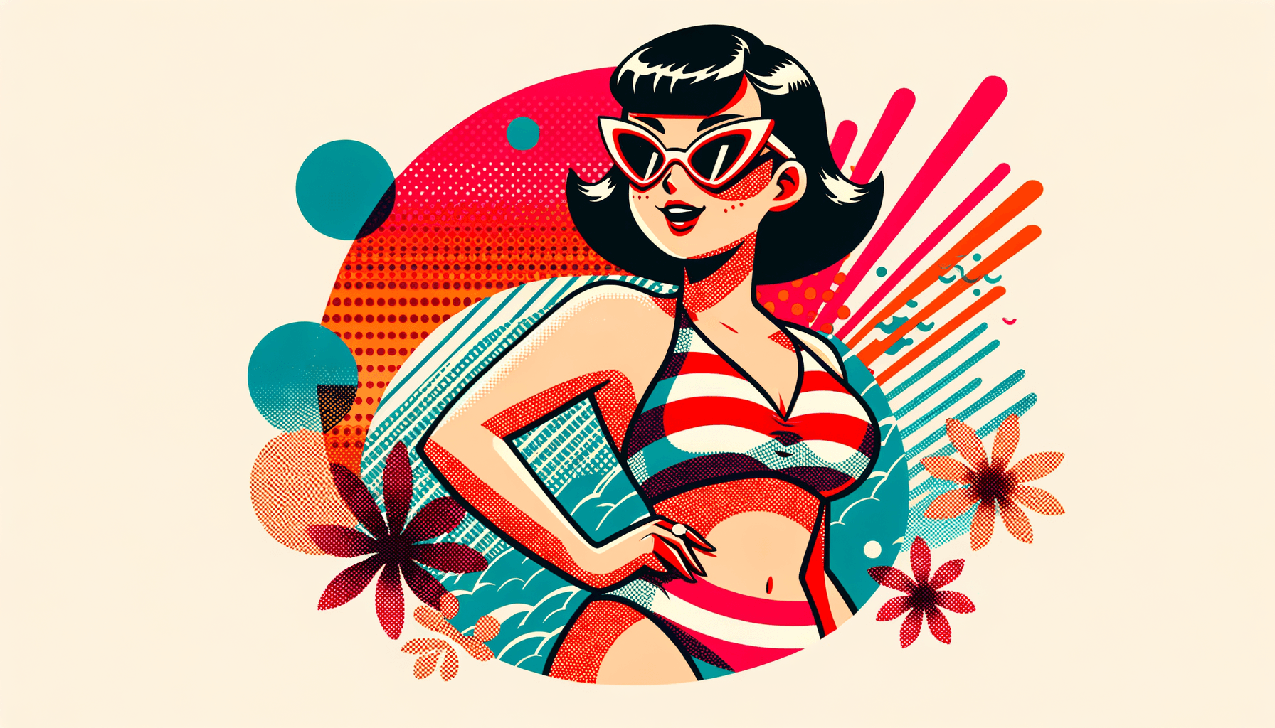 AI generated: kawaii anime, full figured woman wearing a red and white stripped bikini, exaggerate proportions, 19...