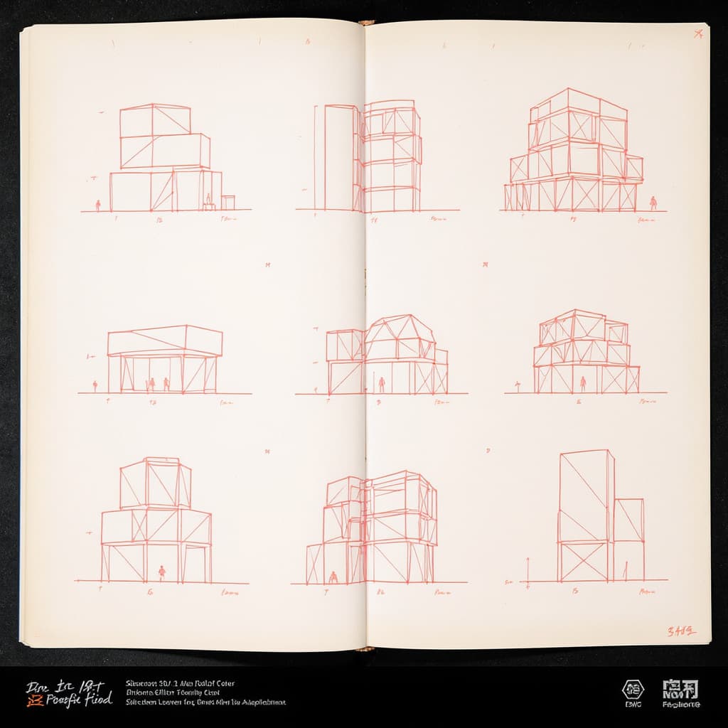 AI generated: minimalist line drawing, 6 spread sheet, simple human figures silhouettes, architectural sketches, u...
