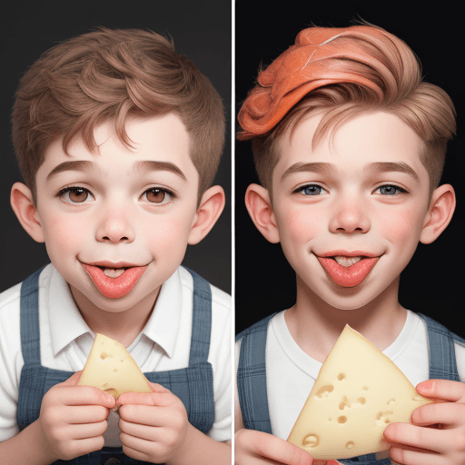 AI generated:  boy with a third cheese lip, and another with a salmon tongue