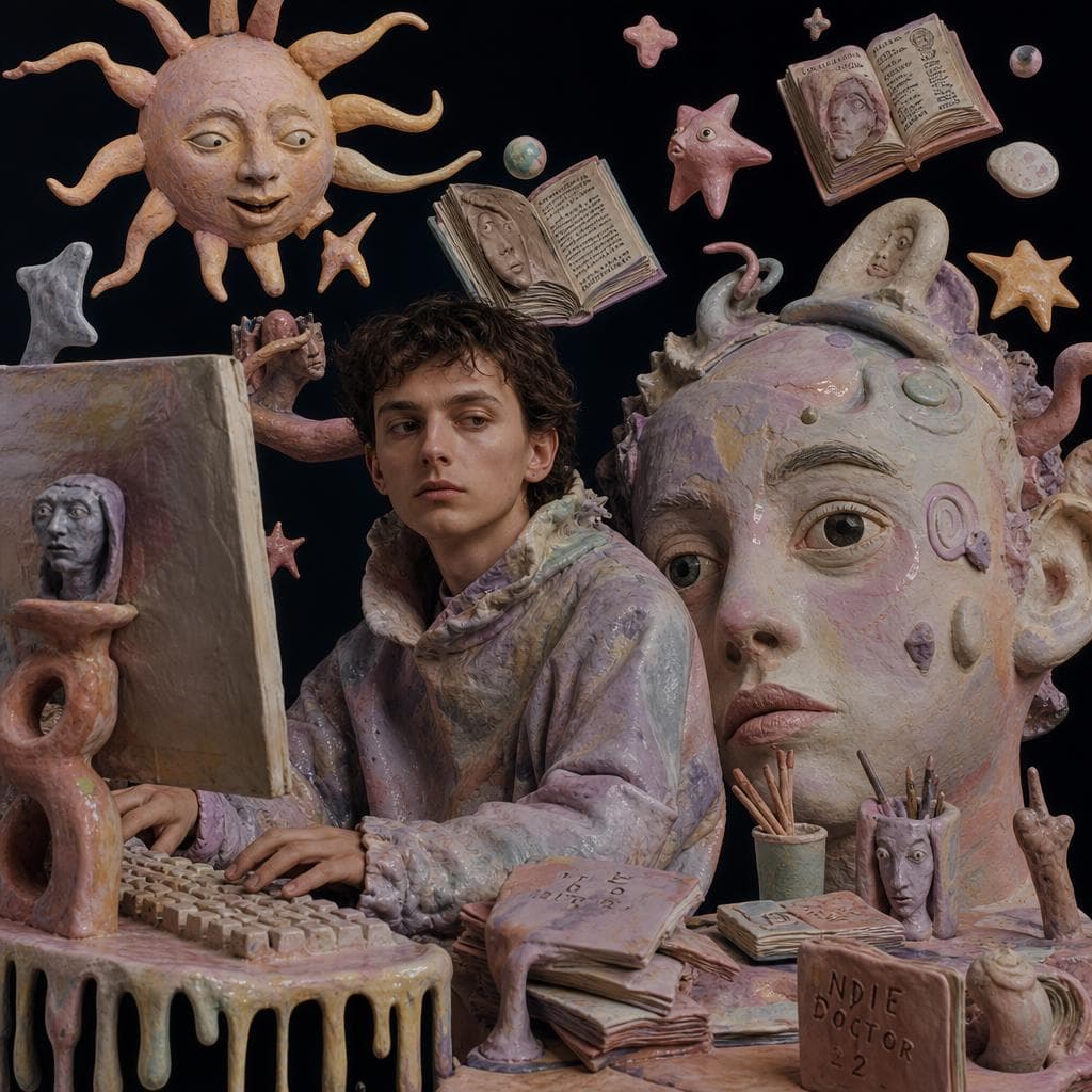 AI generated: surreal editorial composition, hyperrealistic human mixed with handmade plasticine sculptures, tacti...