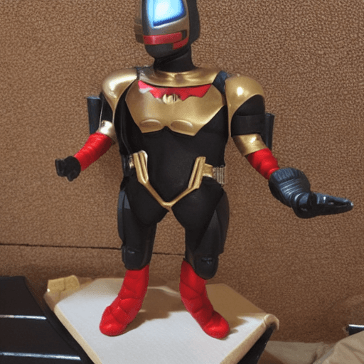 AI generated: A BATMAN ROBOCOP IN GOLD with a red spiderman helmet 