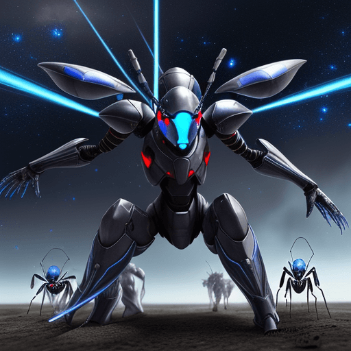 AI generated: 100 unit army, blue ant army group with silver armor invasion the planet, gun fire each other with r...