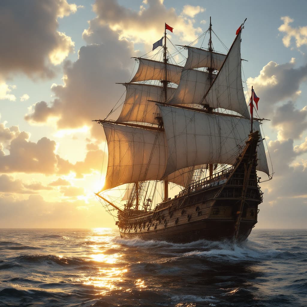 AI generated: Photo of a ultra realistic sailing ship, dramatic light, pale sunrise, cinematic lighting, battered,...