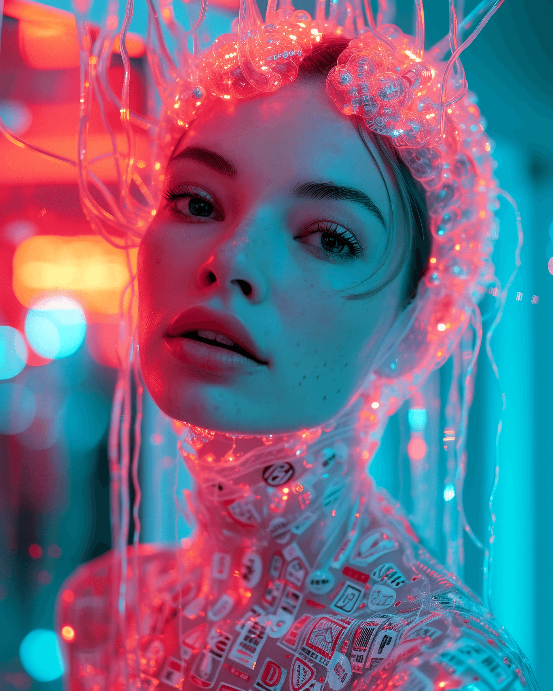 AI generated: This image shows [a white woman] with a very distinctive and stylized [neon brain] that is designed ...