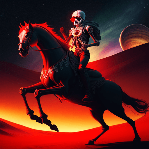 AI generated: Midjourney style of detailed and intricate skull wearing red sunglasses| full human skeleton| riding...