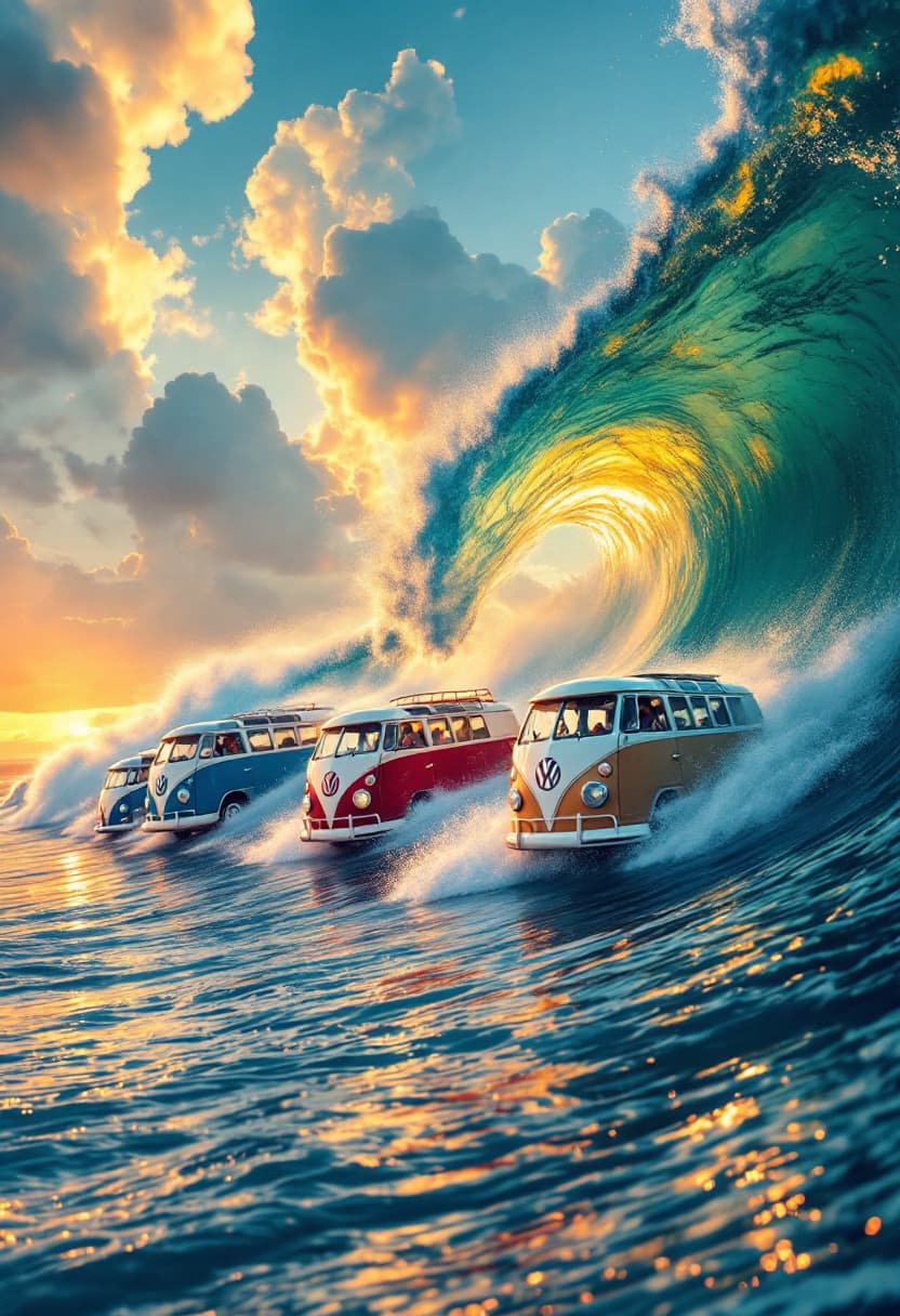 AI generated: 4 Classic Vw buses of blue and white, red and white teal green and withe and tan and white colors ar...