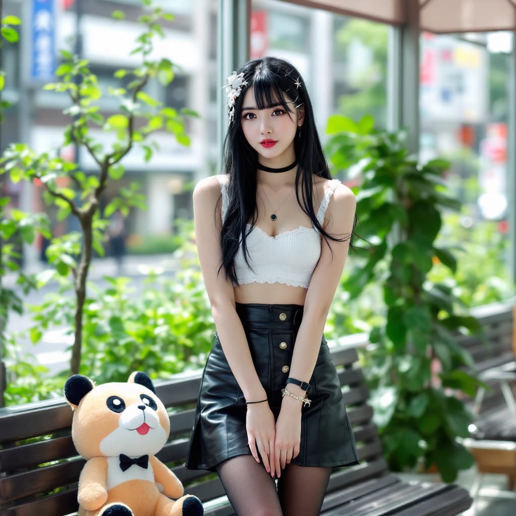 AI generated: a woman, outdoors, city, tokyo, street view, building city, standing, arms between legs, black hair,...
