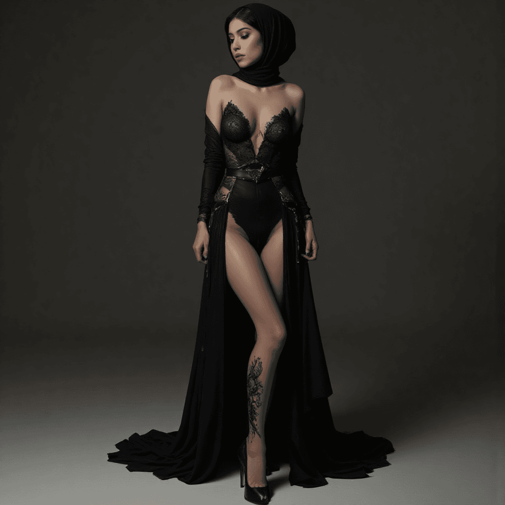 AI generated:  instagram model in black with open high heels, open lace luxury dress, in the style of multi-layere...
