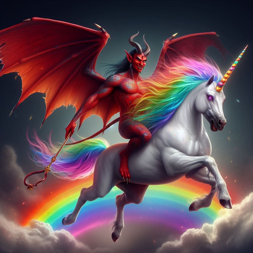 AI generated: Demon riding a unicorn, rainbow mane