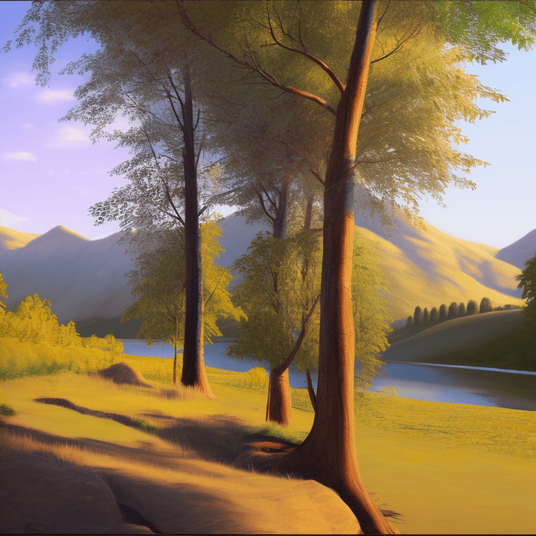 AI generated: photorealistic oil on canvas, 
trees by a river and hill,
beautiful setting, 
Foreground,
unreal eng...
