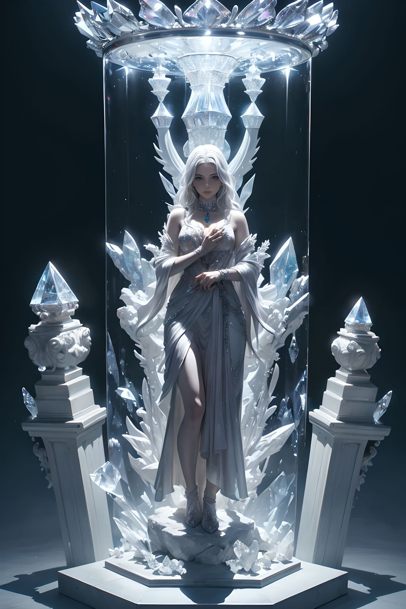 AI generated: (crystal statues:1. 2), (transparent crystal:1. 2), Highly detailed crystal statues of a female Wiza...