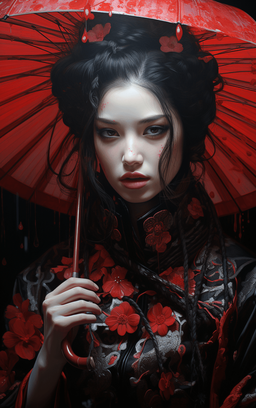AI generated: a geisha wearing traditional and holding an umbrella, in the style of daz3d, surreal cyberpunk icono...