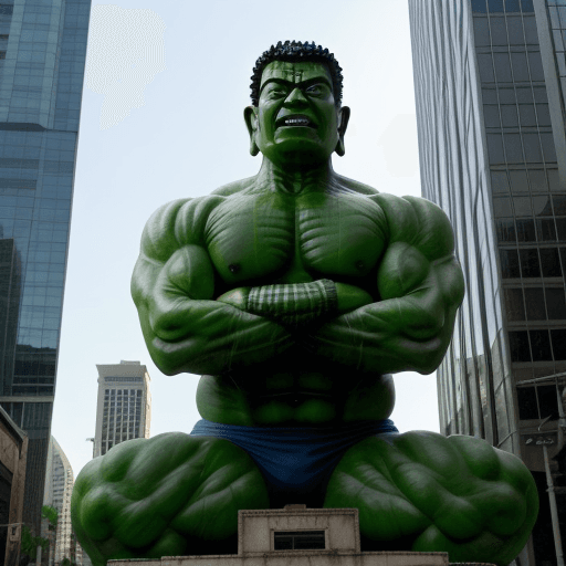AI generated: Invincible Hulk has the face of Buddha in the downtown area of the building