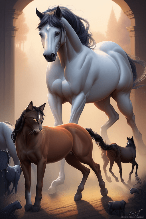 AI generated: beautiful mystical digital painting of a cat and horses  by artgerm