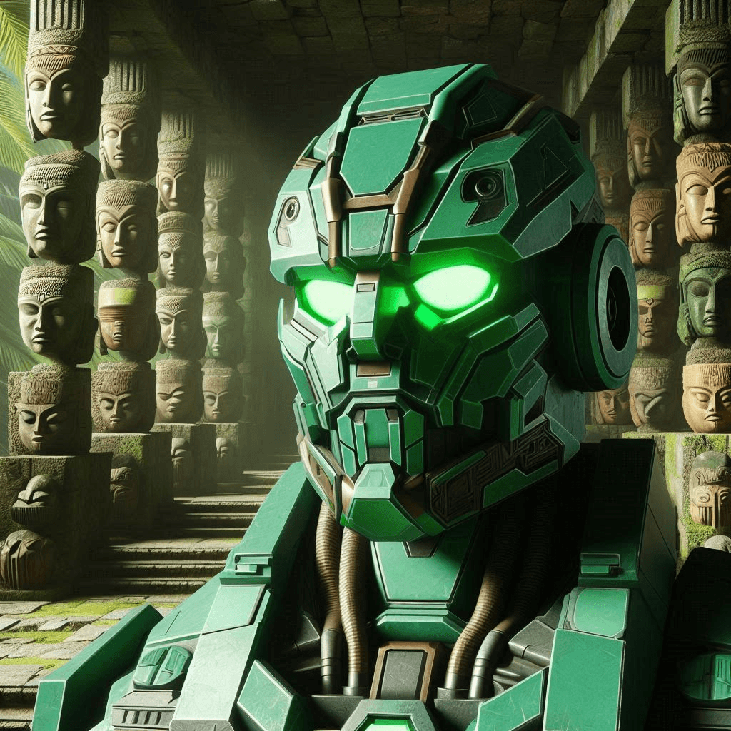 AI generated: Enigmatic 3D animation of a green mecha cyberpunk robot with green eyes and a Polynesian mask in a f...