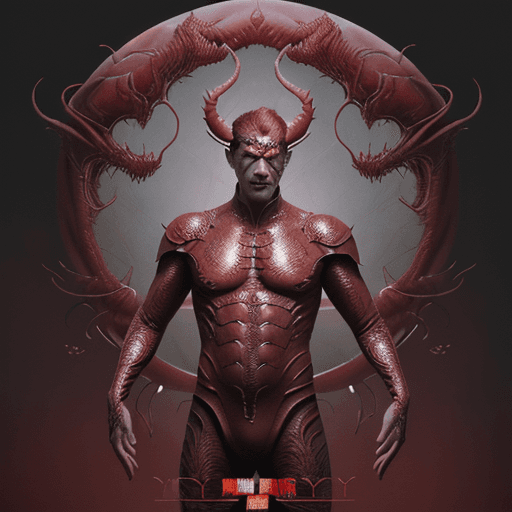 AI generated:  An red dragon  man dressed in a  costume, smiled, symmetrical facial features, front game card, Dra...