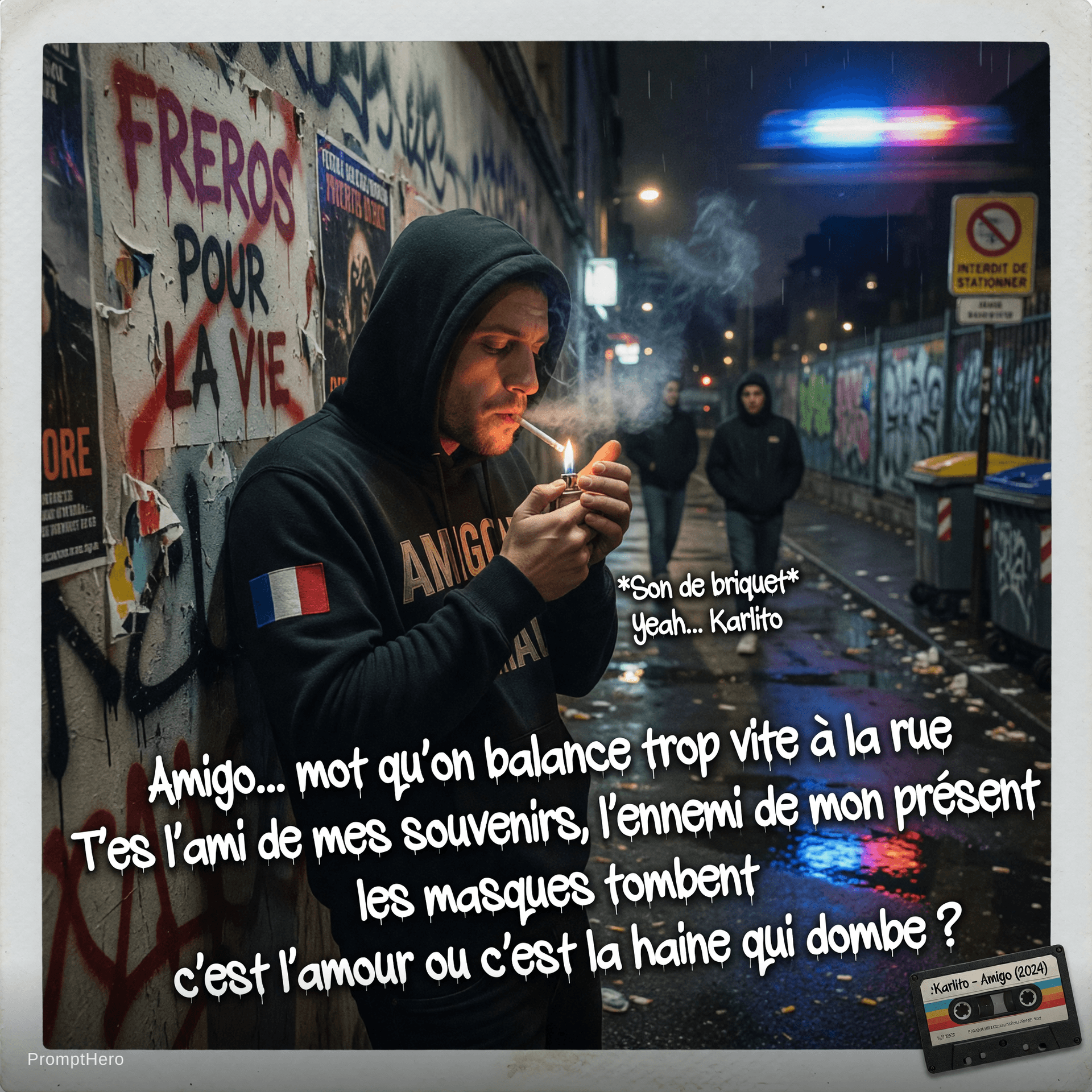 AI generated: Bruit de fond de rue, plainte d'une sirène lointaine, puis le beat démarre doucement)*Yeah... Karlit...