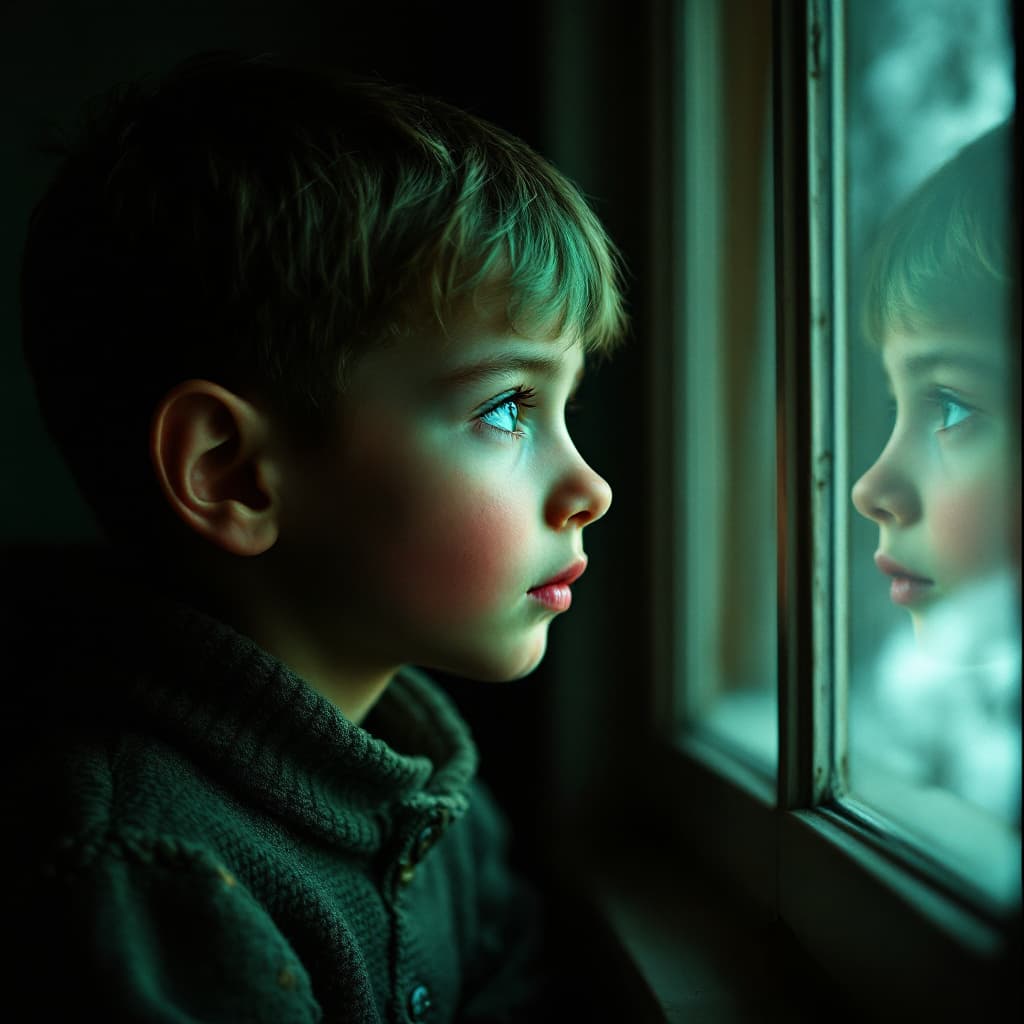 AI generated: the little albanian boy looking out the window, in the style of distinctive noses, manipulated photo...